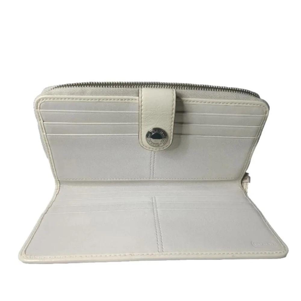 Coach Signature Stripe Checkbook Wallet Khaki~Brown~Cream Full Size